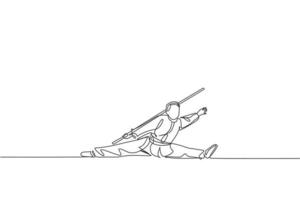en kontinuerlig linjeteckning av wushu mästare man, kung fu krigare i kimono med lång pinne personal på träning. kampsport sport tävling koncept. dynamisk enda rad rita design vektorillustration vektor