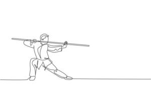 eine durchgehende Linienzeichnung des jungen Wushu-Meisters, Kung-Fu-Krieger im Kimono mit langem Stab im Training. Konzept für Kampfsportwettbewerbe. dynamische einzeilige Zeichnungsdesign-Vektorillustration vektor