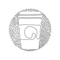 einzelne einstrichzeichnung kaffee milch pappbecher. heißes Schokoladengetränk, um sich nach einem erfrischenden Gefühl zu sehnen. Wirbel-Curl-Kreis-Hintergrundart. moderne grafische vektorillustration des ununterbrochenen zeichnendesigns vektor