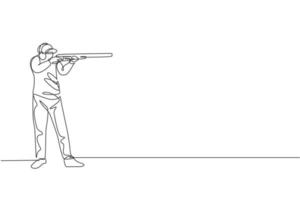 en enda linjeteckning av en ung man som övar på att skjuta mål inom räckhåll på skjutträningsplats vektorillustration. lerduveskytte sport koncept. modern kontinuerlig linjeritningsdesign vektor
