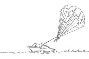 eine einzige Strichzeichnung eines jungen sportlichen Mannes, der mit Parasailing-Fallschirm am Himmel fliegt, gezogen von einer Bootsvektorgrafik. Extremsportkonzept. modernes Design mit durchgehender Linie vektor