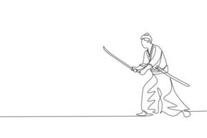 en kontinuerlig linjeteckning av ung modig samurajkrigare poserar redo att attackera på träningspasset. kampsport stridssport koncept. dynamisk enda rad rita design vektorgrafisk illustration vektor