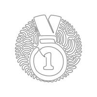 fortlaufende einzeilige Goldmedaille für den ersten Platz. Goldmedaille am Band. Auszeichnung für siegreiche erste Platzierungsleistung. Wirbel-Curl-Kreis-Hintergrundart. einzeiliger Entwurfsvektor vektor