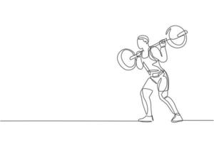 einzelne durchgehende Linienzeichnung eines jungen starken Gewichthebers, der sich auf das Langhanteltraining im Fitnessstudio vorbereitet. gewichtheben trainingskonzept. trendige einzeilige zeichnen design-vektor-illustrationsgrafik vektor
