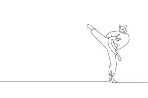 einzelne durchgehende Linienzeichnung eines jungen, selbstbewussten Karateka-Mannes im Kimono, der Karate-Kampf im Dojo übt. Kampfsport-Trainingskonzept. trendige grafikdesign-vektorillustration mit einer linie zeichnen vektor