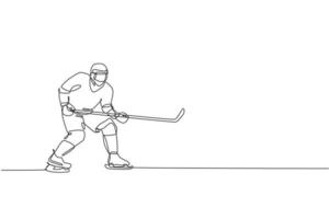 enda kontinuerlig linjeteckning av ung professionell ishockeyspelare poserar ställningsförsvar på isbanan. extrem vintersport koncept. trendiga en rad rita design vektorgrafisk illustration vektor