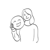 Strichzeichnungen halbe Länge der Frau mit lächelnder Emoticon-Illustrationsvektorhand gezeichnet isoliert auf weißem Hintergrund vektor