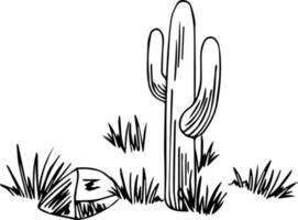 Kaktus mit Gras und Stein im Wüstensandvektor lokalisiert