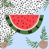 Sommerhintergrund mit einem Stück Wassermelonenpalmenzweigschale und abstrakten Texturflecken im Hintergrund vektor
