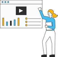 Das Mädchen zeigt ein Videomarketing-Diagramm auf einer Webseite. vektor