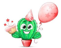 Kaktus in einem Topf süßer Cartoon lustig mit Geburtstagstorte, rotem Ballon und Mütze vektor