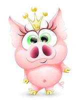 rolig rosa söt tecknad prinsessgris med guldkrona och hovar vektor