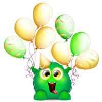 süßes, flauschiges, lustiges Cartoon-Grün-Monster mit Geburtstagsballons vektor