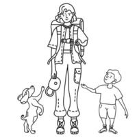 lineare Umrisszeichnungsfamilie. mädchen, mutter in hose mit taschen und mit rucksack hinter dem rücken für reise und straße in den händen der mütze. stehen neben Kind und Hund springen vektor