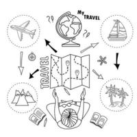 turist tjej. väljer och planerar resa. hav eller berg. doodle uppsättning av turism och transport. infografisk affisch. element är isolerade. vektor illustration