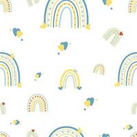 nahtloses Muster mit gelb-blauem Regenbogen auf weißem Hintergrund mit Herzen. Vektor-Illustration. Farben der ukrainischen Flagge. für Design, Dekoration, Verpackung und Dekoration, Tapeten und Druck vektor