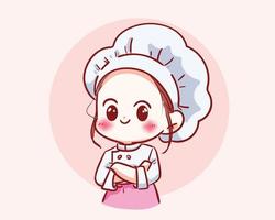 söt kock flicka i uniform karaktär leende stå med armarna i kors mat restaurang logotyp tecknad konst illustration vektor