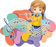ein kleines Mädchen bläst Flöte mit Musiknoten auf weißem Hintergrund vektor