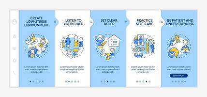 Verhaltensstörungstipps für Eltern Blau-Weiß-Onboarding-Vorlage. Responsive mobile Website mit linearen Konzeptsymbolen. Webseiten-Komplettlösung 5-Schritt-Bildschirme. vektor