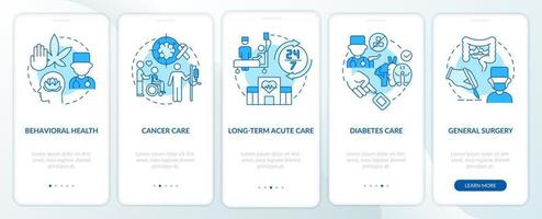 arten von medizinischen diensten blauer onboarding-bildschirm der mobilen app. Patient Care Walkthrough 5 Schritte grafische Anleitungsseiten mit linearen Konzepten. ui, ux, gui-Vorlage. vektor