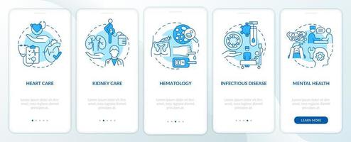 Bereitstellung medizinischer Dienstleistungen blauer Onboarding-Bildschirm der mobilen App. Medizin Komplettlösung 5 Schritte grafische Anleitungsseiten mit linearen Konzepten. ui, ux, gui-Vorlage. vektor