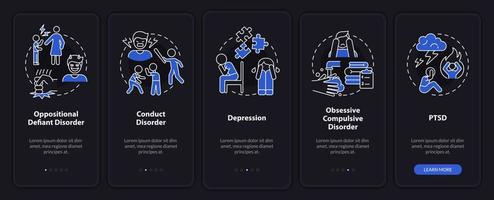 psychische erkrankungen bei kindern nachtmodus beim onboarding des mobilen app-bildschirms. Komplettlösung 5 Schritte grafische Anleitungsseiten mit linearen Konzepten. ui, ux, gui-Vorlage. vektor