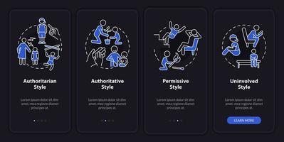 Elternschaft und Kindeswohl Nachtmodus beim Onboarding des Bildschirms der mobilen App. Komplettlösung 4 Schritte grafische Anleitungsseiten mit linearen Konzepten. ui, ux, gui-Vorlage. vektor