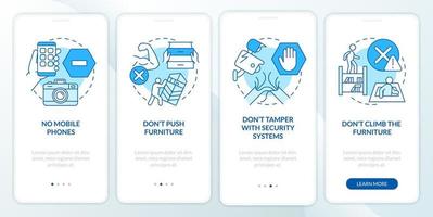 Fluchtraumbeschränkungen blauer Onboarding-Bildschirm der mobilen App. keine Kamera Walkthrough 4 Schritte grafische Anleitungsseiten mit linearen Konzepten. ui, ux, gui-Vorlage. vektor