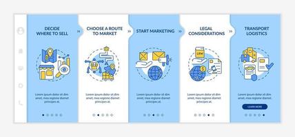 export affärstips blå och vit onboarding mall. marknadsföringsstrategi. responsiv mobilwebbplats med linjära konceptikoner. webbsida genomgång 5 steg skärmar. vektor