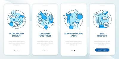 vorteile des gmo blue onboarding mobile app-bildschirms. Lebensmittelprobleme Komplettlösung 4 Schritte grafische Anleitungsseiten mit linearen Konzepten. ui, ux, gui-Vorlage. vektor