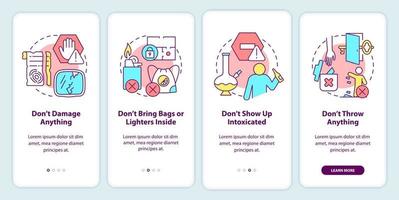 Fluchtraumregeln beim Onboarding des Bildschirms der mobilen App. Schäden vermeiden Walkthrough 4 Schritte grafische Anleitungsseiten mit linearen Konzepten. ui, ux, gui-Vorlage. vektor