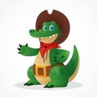 Lustiges Cartoon-Krokodil-Cowboy-Maskottchen, das Hallo sagt. flacher tiercharakter für märchen- und kindergeschichten. Wildwest-Alligator vektor