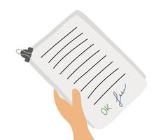 affärsformulär, dokument märkta ok och signerade, en person håller i handen, ovanifrån. vektor illustration av begreppet märkespapper.