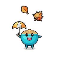 Cartoon der süßen Müslischale, die im Herbst einen Regenschirm hält vektor