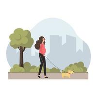 schwangere Frau geht mit ihrem Hund im Stadtpark spazieren. gesunde Gewohnheiten und gesunder Lebensstil. Vektorillustration im Cartoon-Stil. vektor