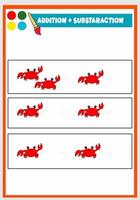 Lernaddition und Subtraktion für Kinder süße Krabbe vektor