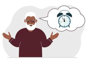 glad farfar med tankeballong med väckarklocka. tidshantering, planering, organisering av arbetstiden, effektiv verksamhet, deadline. platt vektor illustration