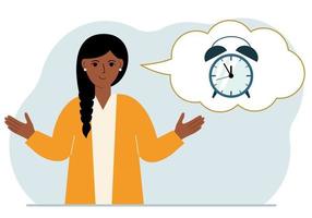 glad kvinna med tankeballong med väckarklocka. tidshantering, planering, organisering av arbetstiden, effektiv verksamhet, deadline. platt vektor illustration