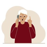 skrikande farfar pratar i mobiltelefon med känslor. ena handen med telefonen den andra med en gest uppåt med pekfingret. platt vektor illustration