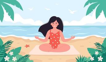 kvinna som mediterar på stranden. hej sommar, sommarfritid, semester, hälsosam livsstil vektor