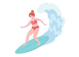 kvinna som surfar på surfbräda och fångar vågor i havet. sommaraktivitet, sommartid, surfing. Hej sommar vektor