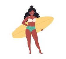 schwarze Frau mit Surfbrett. sommeraktivität, sommerzeit, surfen. Hallo Sommer. Sommerurlaub vektor