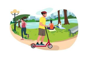 tecknad man karaktär rider elektrisk skoter i parken. utomhus aktiviteter. sport och hälsosam livsstil. vektor