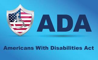 ada, amerikaner med funktionshinder agerar. sköld med USA flagga och rullstol på blå bakgrund. informationsaffisch. vektor illustration