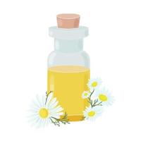 Flasche mit ätherischem Öl und Kamillenblüte, kosmetisches Öl, Aromatherapie, Tinktur, Medizin, Apotheke, Vektor