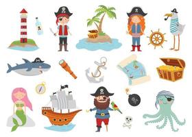 Piraten-Cartoon-Zeichensatz, flacher Stil. Pirat, Schatzinsel, Hai, Tintenfisch, Möwe, Meerjungfrau, Schiff und Leuchtturm.