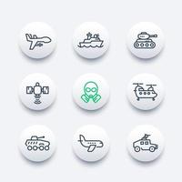 Army Line Icons Set, Militärdrohne, Luftfahrt, Marine, Kampfschiff, Satellit, Frachthubschrauber, gepanzerte Kampffahrzeuge vektor