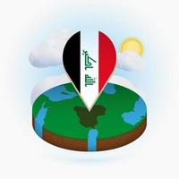 isometrisk rund karta över Irak och punktmarkör med Iraks flagga. moln och sol på bakgrunden. vektor