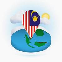 isometrisk rund karta över malaysia och punktmarkör med malaysias flagga. moln och sol på bakgrunden. vektor
