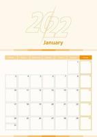modernt vektor vertikalt kalenderblad för januari 2022, planerare på engelska.